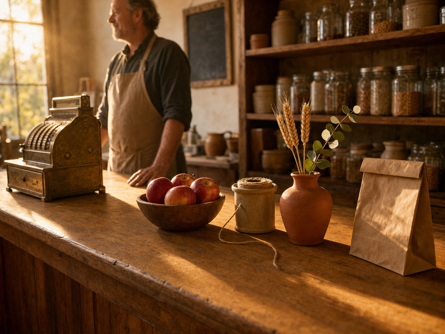 A warm, welcoming small shop counter in golden afternoon light.