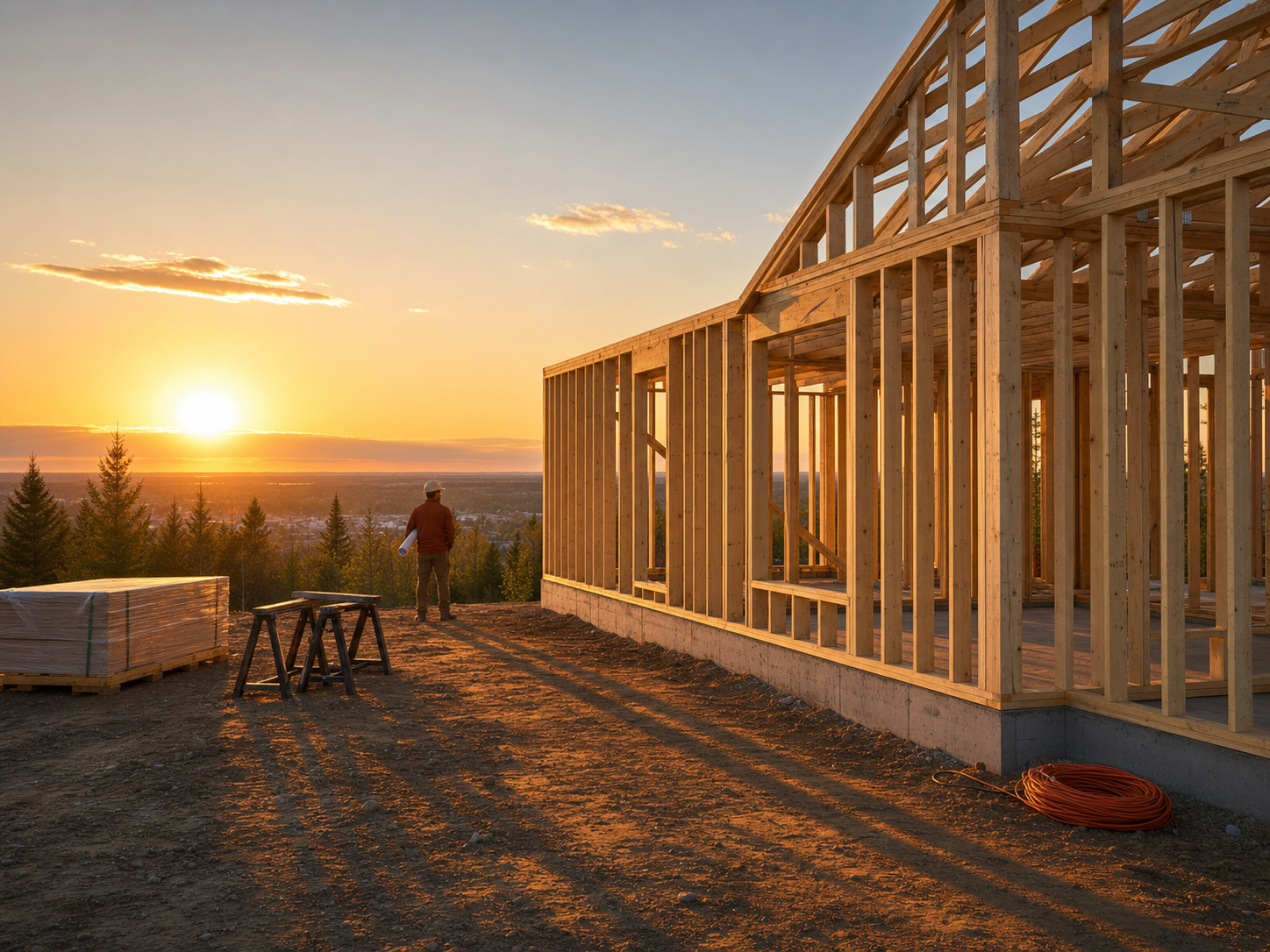 A new home at the timber framing stage in golden evening light, with a builder looking over the site.