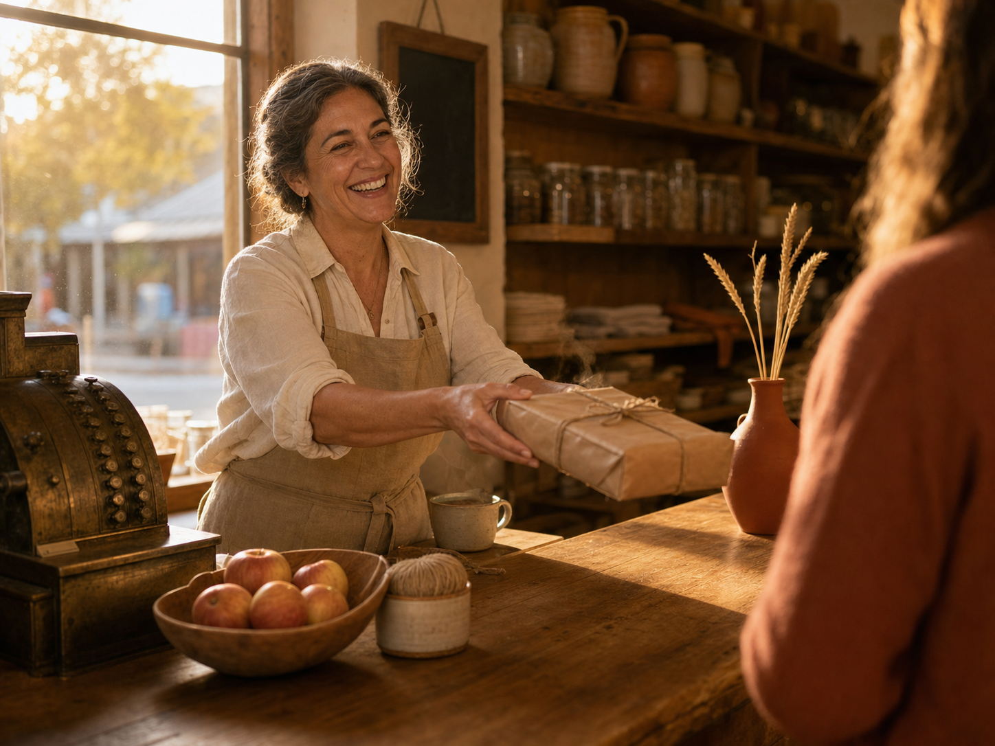 A welcoming shopkeeper handing a paper parcel across the counter in warm light.